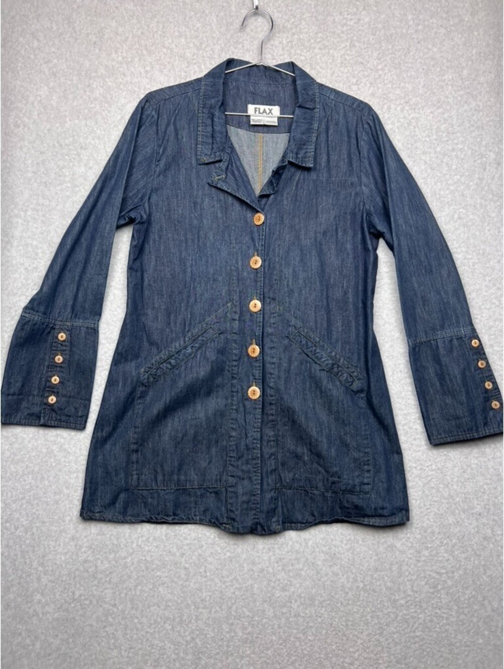 FLAX Cotton Denim long Jacket Womens S Blue Shacket Lagenlook Coastal Boho Tunic